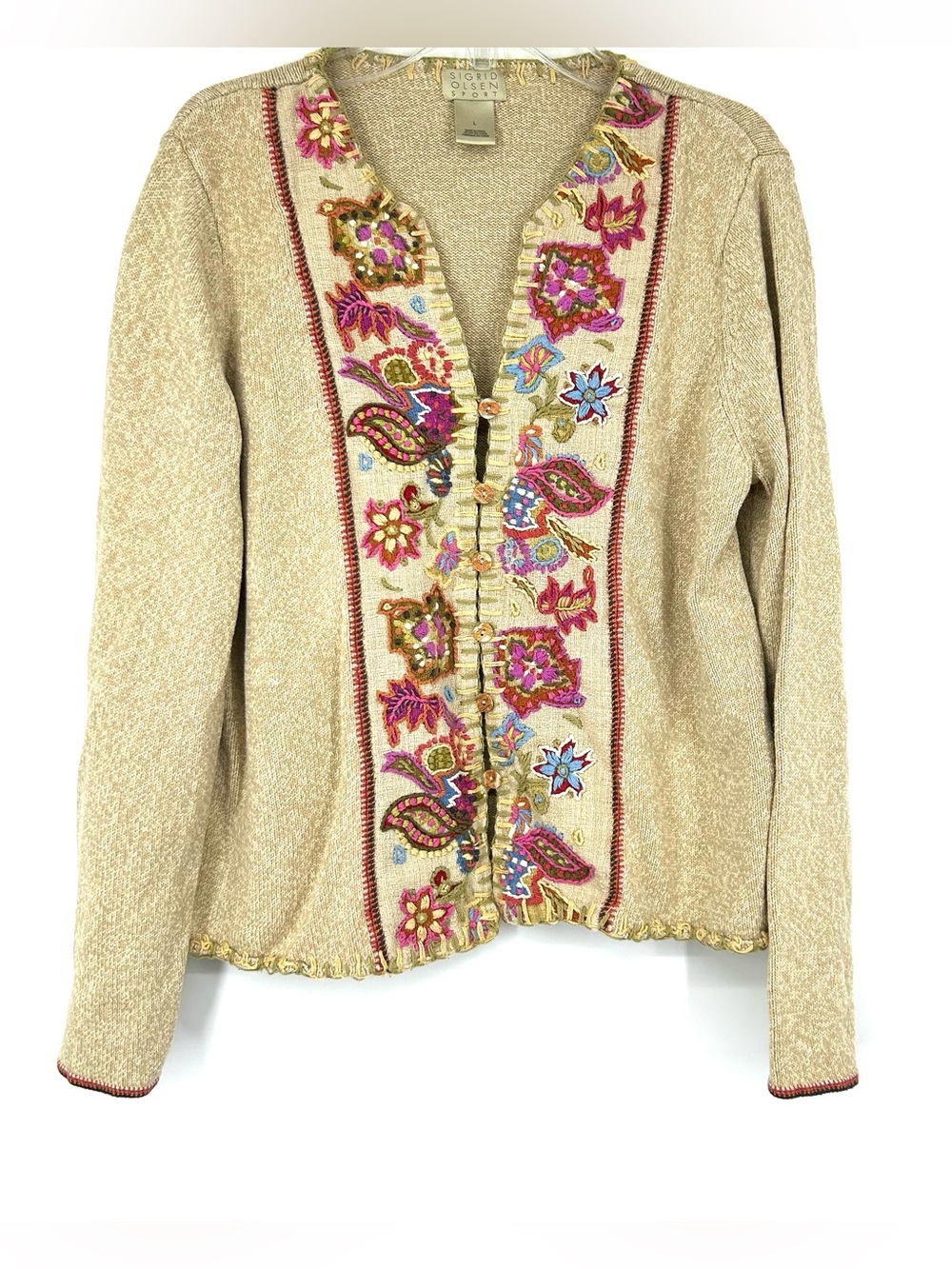 Sigrid Olsen Sport Embroidered Cardigan Sweater Tan Silk Cotton